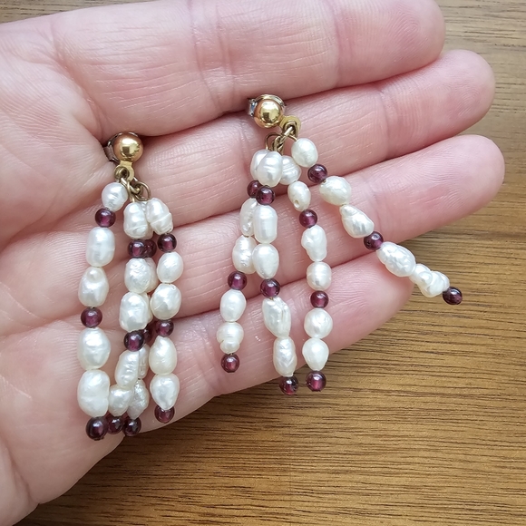 Garnet & Fresh Water Pearl Long  Multiple Row Dangle Bead Pierced Earrings - Picture 1 of 3